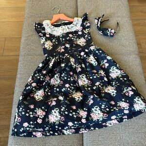 Janie and Jack Navy Floral Dress with Pink & Cream Accents